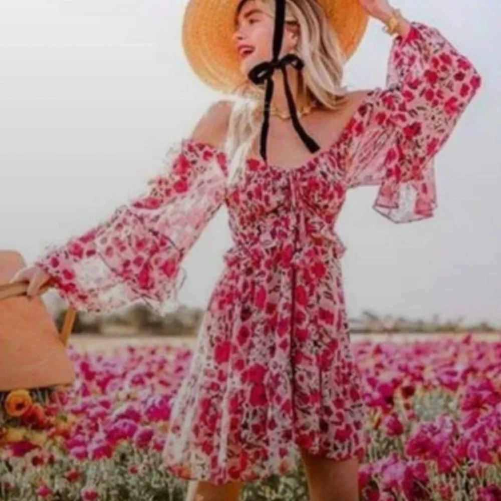 MISA Los Angeles Asra Red Floral Puff Sleeve Dress S - Picture 8 of 8